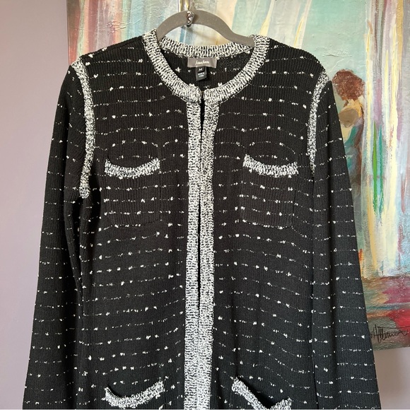 Neiman Marcus Sz M Women's Black White Open Front Cardigan Sweater Long Pocket - Picture 2 of 15